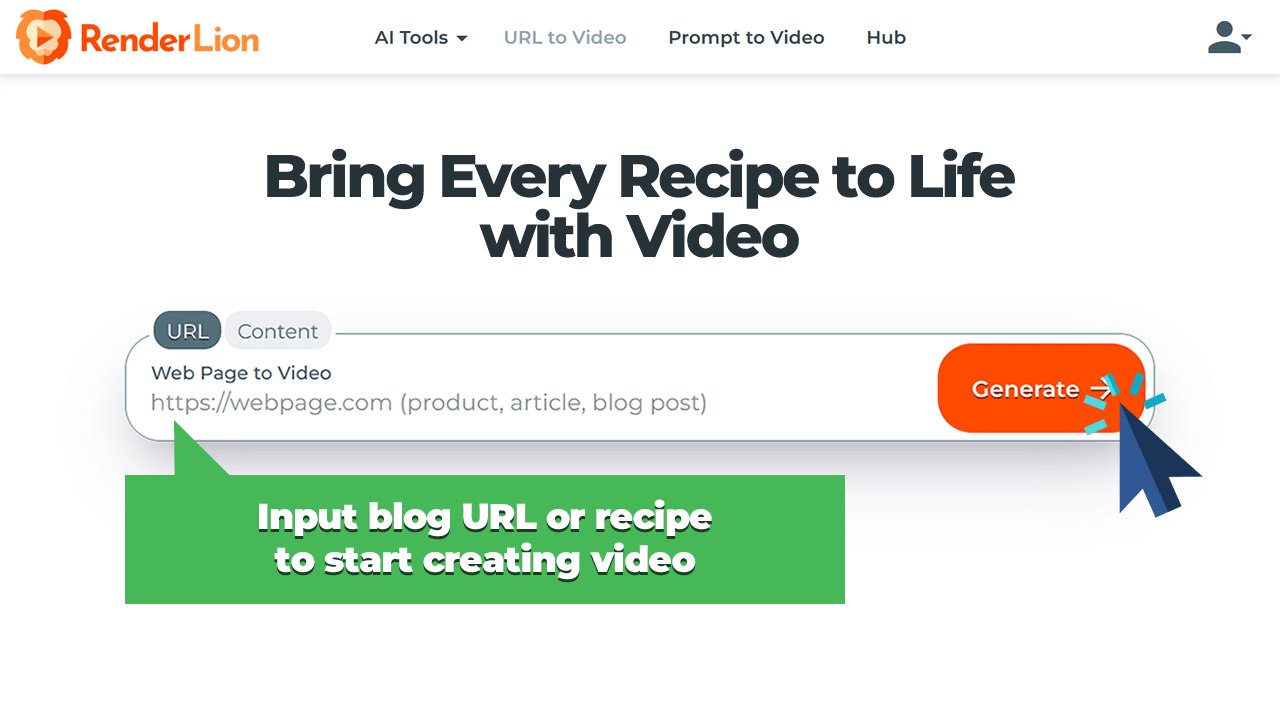 Input blog URL or recipe to start creating video