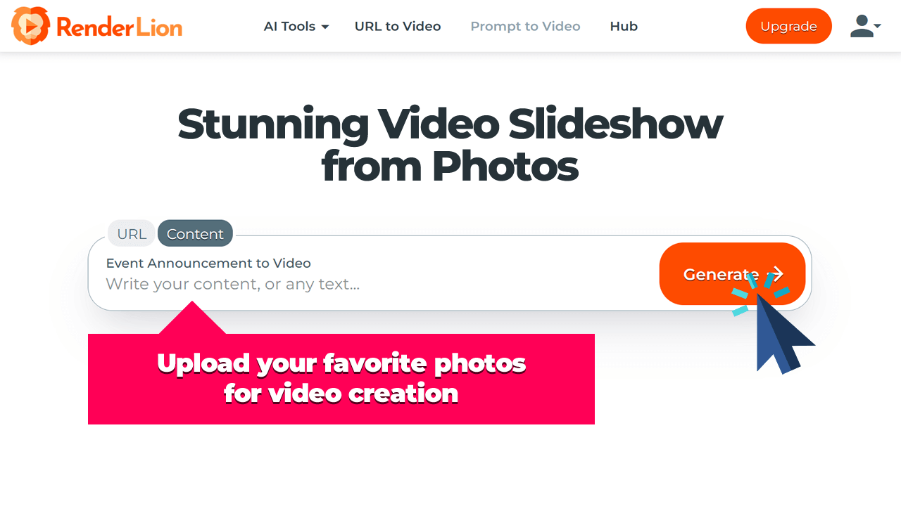 Upload your favorite photos for video montage creation