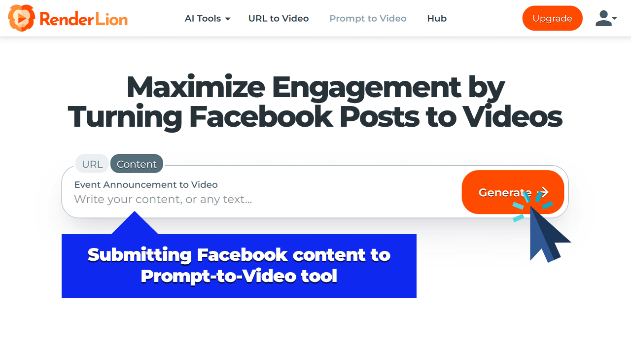 Submitting Facebook content via RenderLion's Prompt-to-Video tool