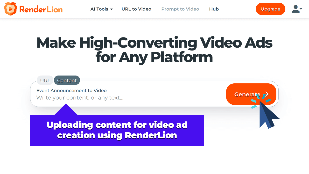 Uploading content for video ad creation using RenderLion