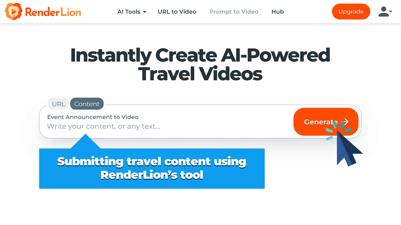 Submitting travel content using RenderLion's tool