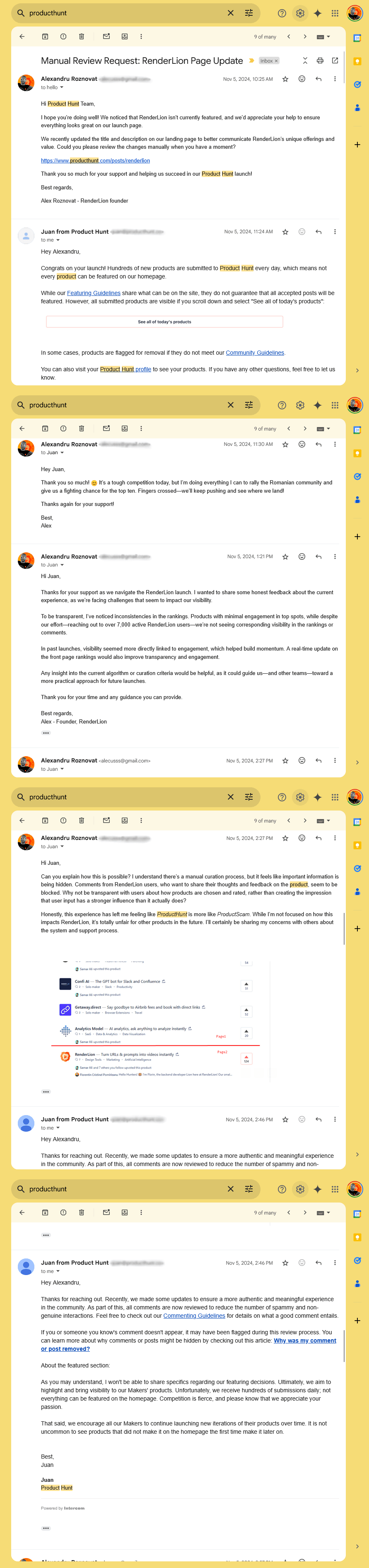 Screenshot of email exchanges between the RenderLion team and the ProductHunt team