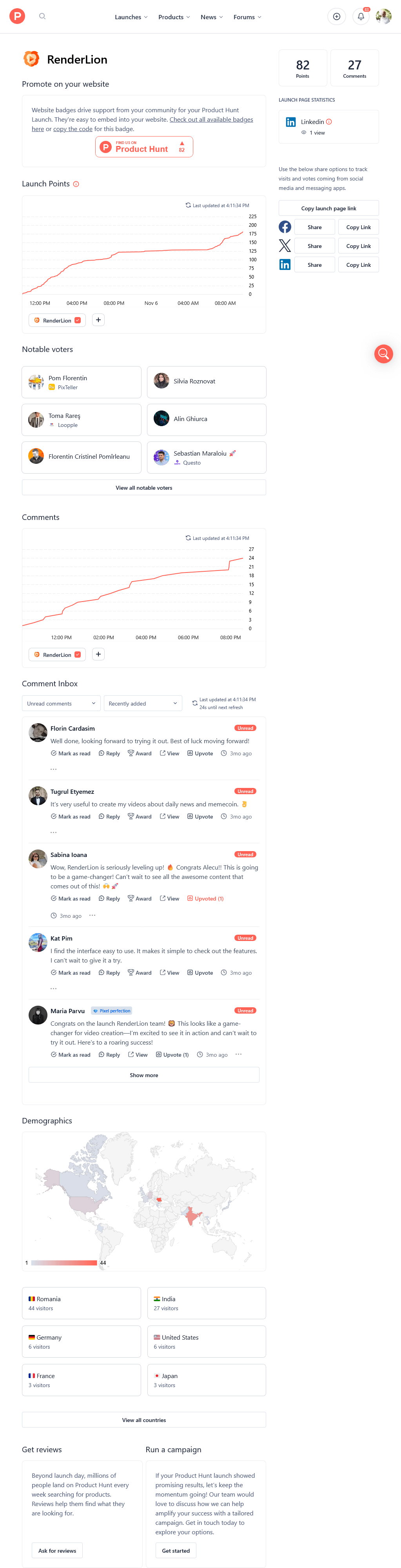 Screenshot of RenderLion's ProductHunt launch page