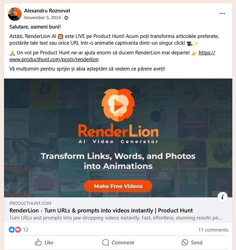 Screenshot of a post shared in the ProductHunt Romania community