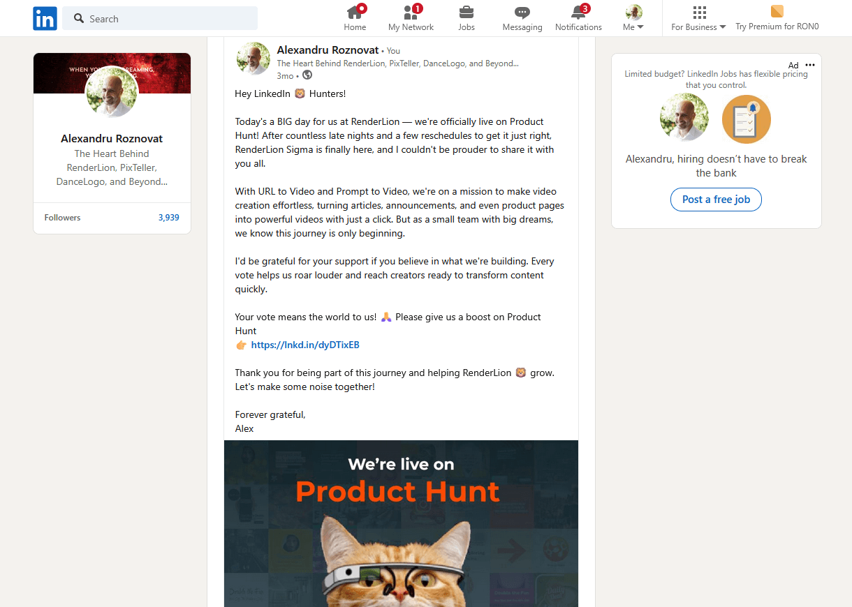 Screenshot of a LinkedIn post by RenderLion's founder