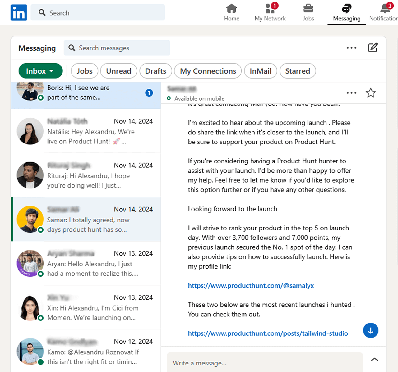 Screenshot of spam messages on LinkedIn